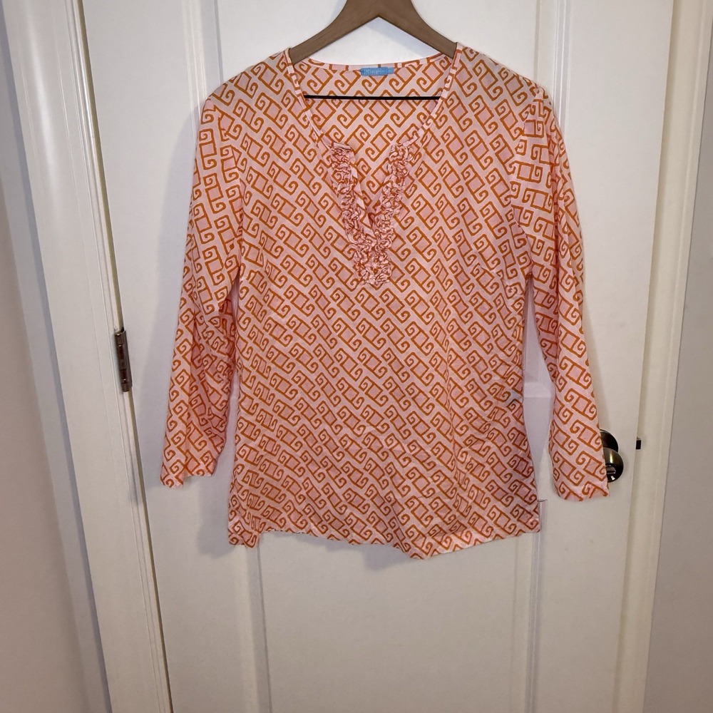 J. McLaughlin Geometric Orange Pink Lightweight Tunic Blouse Women's Size M